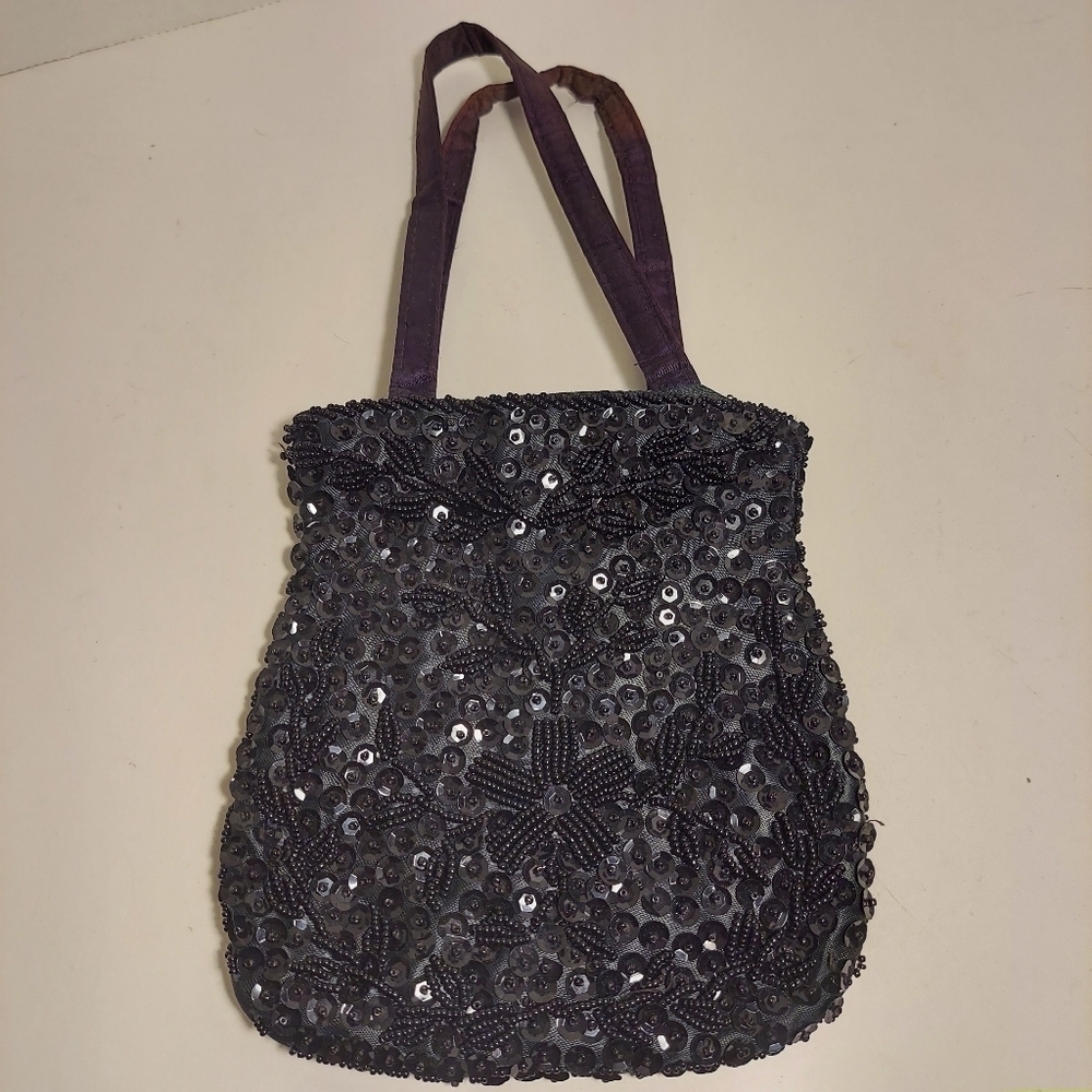 Women's Black Beaded Sequin Clutch Purse Evening Hand Bag Elegant VTG